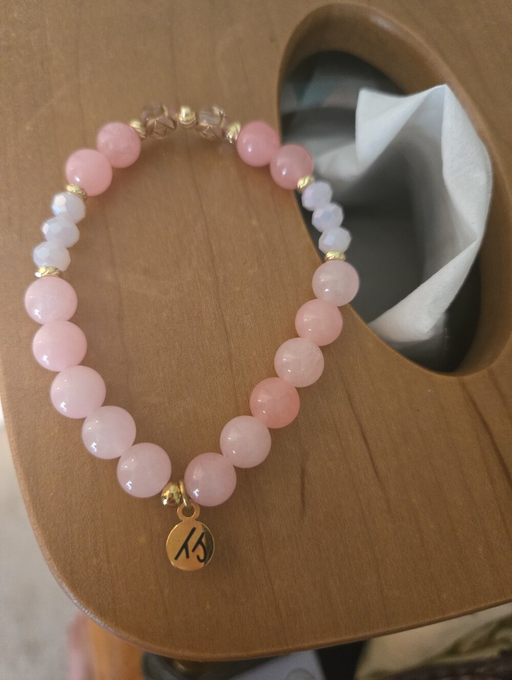 Tjazelle Limited Edition Pink Beaded Stretch Bracelet with Gold Charm
